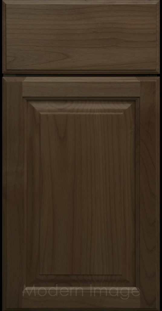 Beachwood stained Hampton raised panel kitchen cabinets with flat slab drawer fronts.